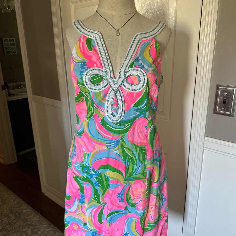 Lilly Pulitzer Pink and Green Midi Dress with Elegant Neckline